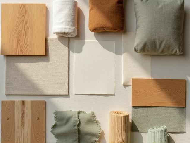 Échantillons de matériaux durables comme le bois recyclé et le lin